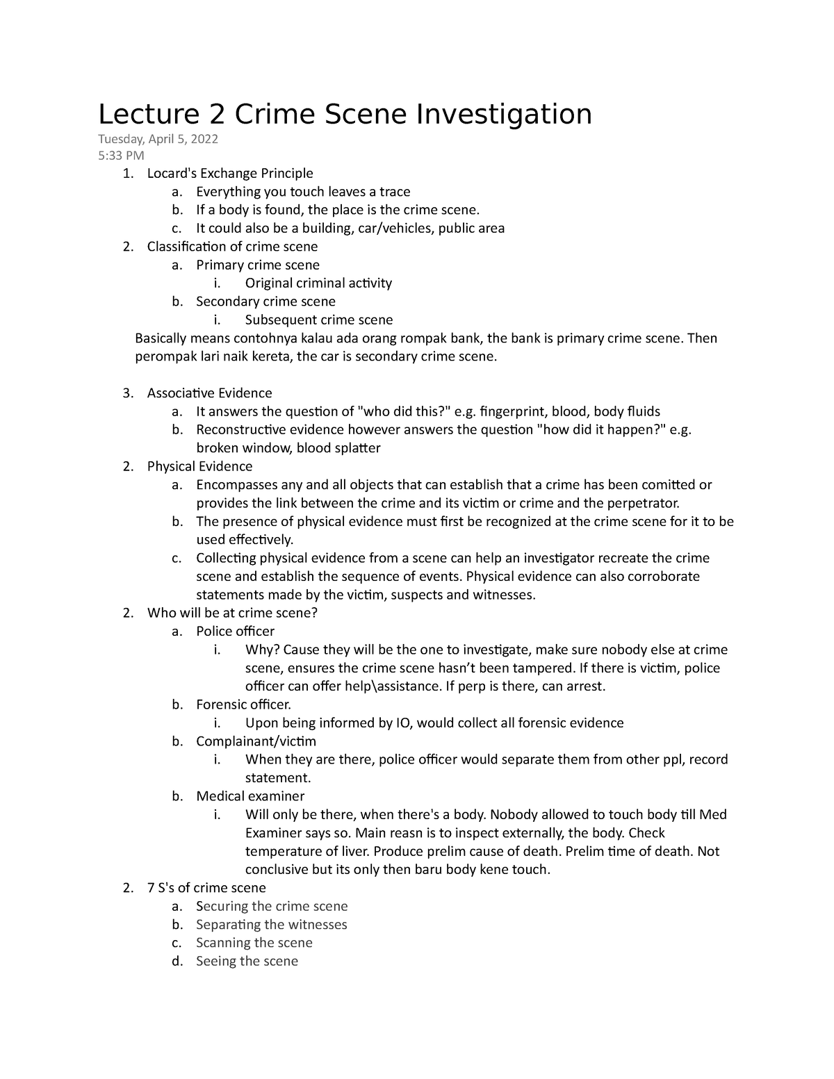 Lecture 2 Crime Scene Investigation - Lecture 2 Crime Scene ...