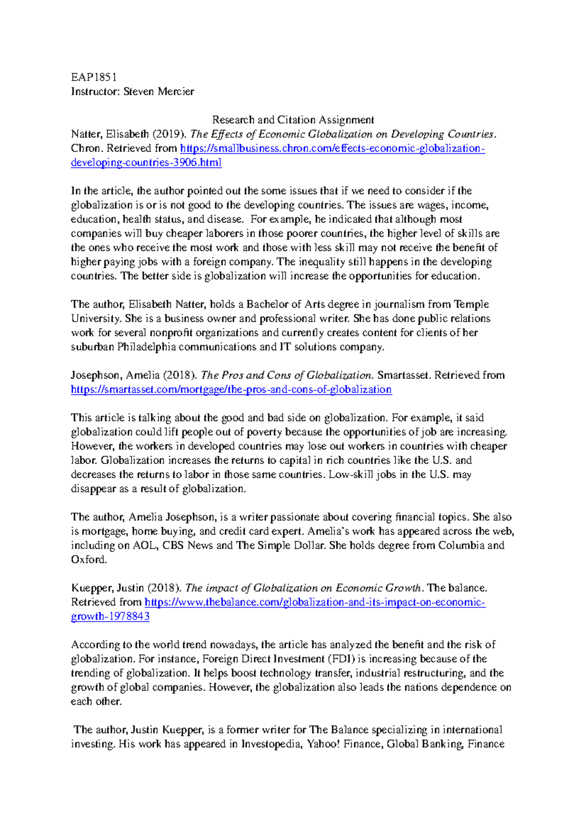 Research and Citation assignment - EAP1851 Instructor: Steven Mercier ...