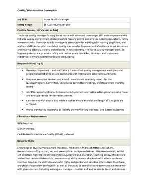 D026 CPE Nurse Quality Position Description - Quality/Safety Position ...