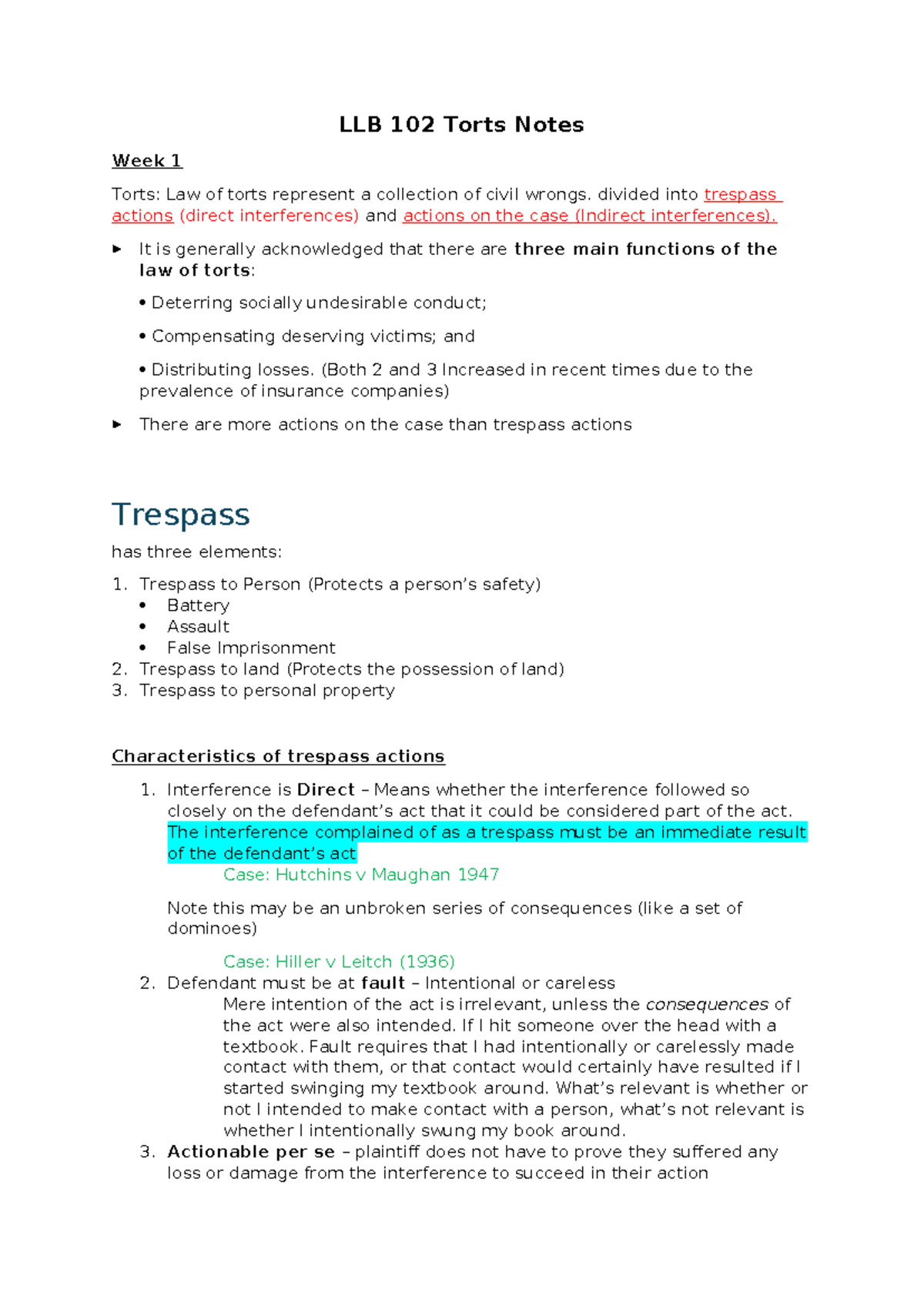 LLB 102 Torts - Week 1 - LLB 102 Torts Notes Week 1 Torts: Law Of Torts ...