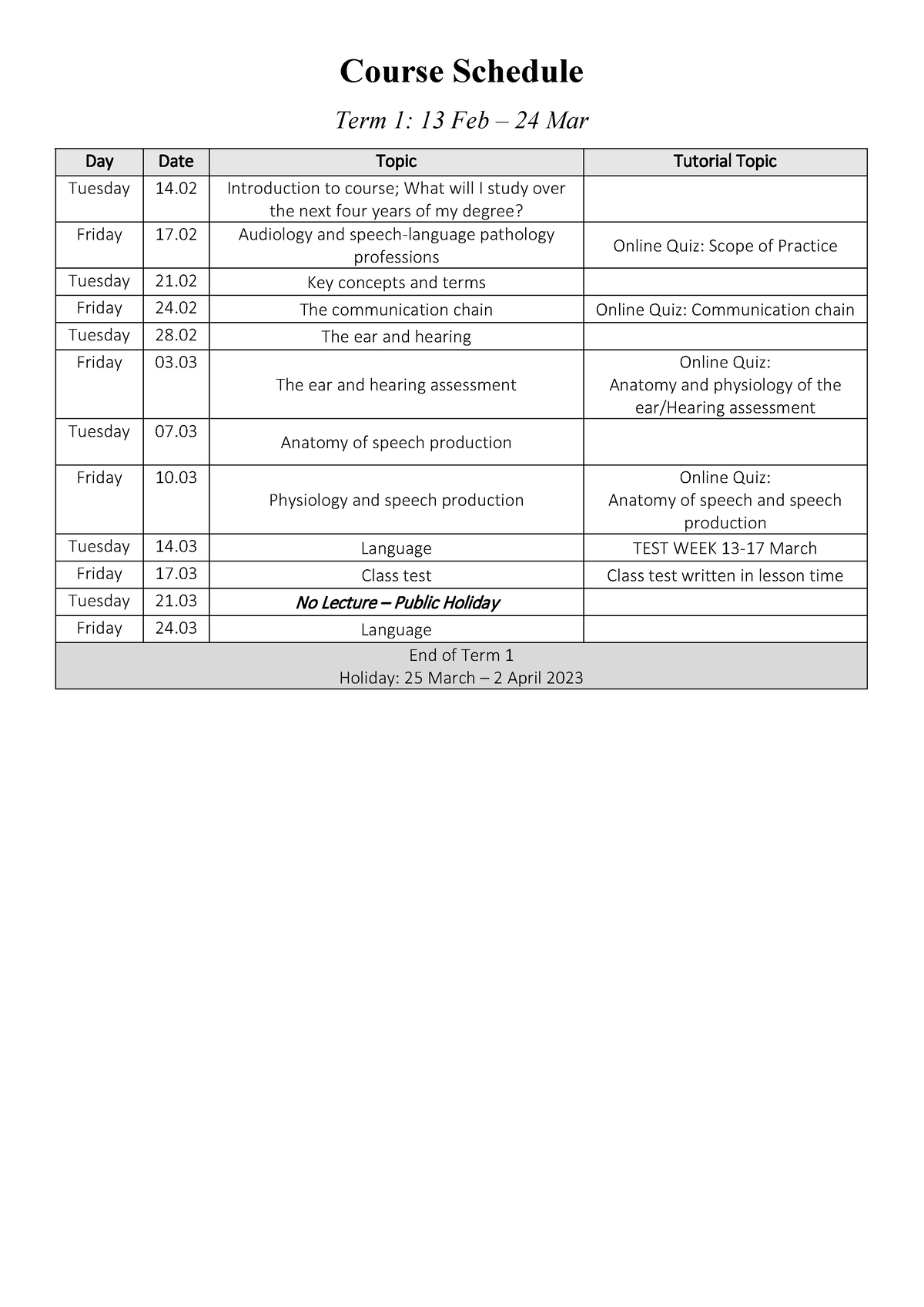 Course Schedule 2023 - Term 1 - Course Schedule Term 1: 13 Feb – 24 Mar ...