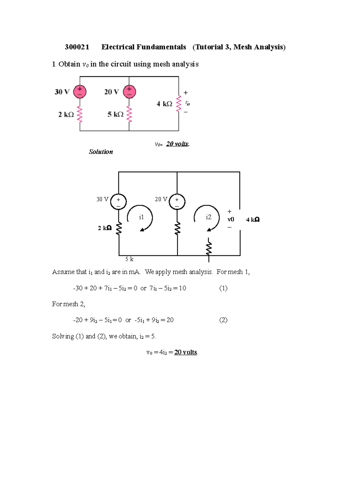 Tutorial 3 - Mesh Analysis Solution(1) - 300021 Electrical Fundamentals ...