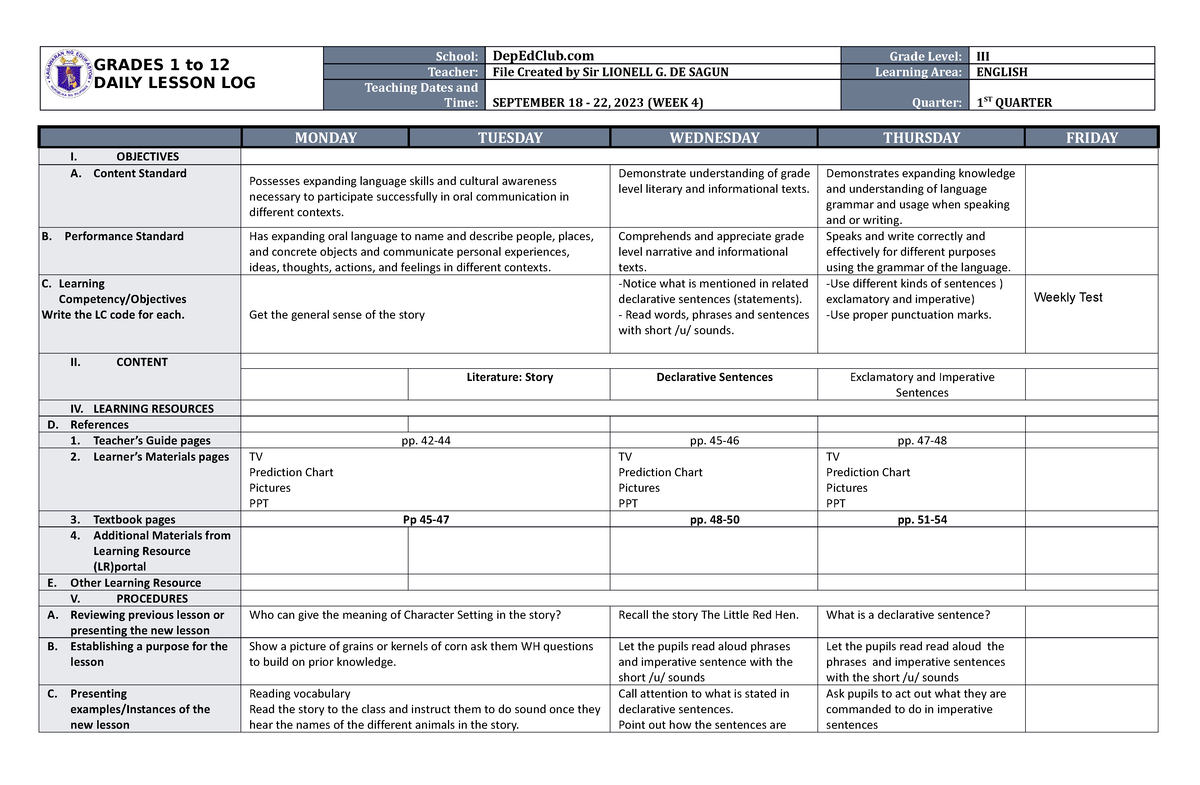 DLL English 3 Q1 W4 - Dll - GRADES 1 To 12 DAILY LESSON LOG School ...