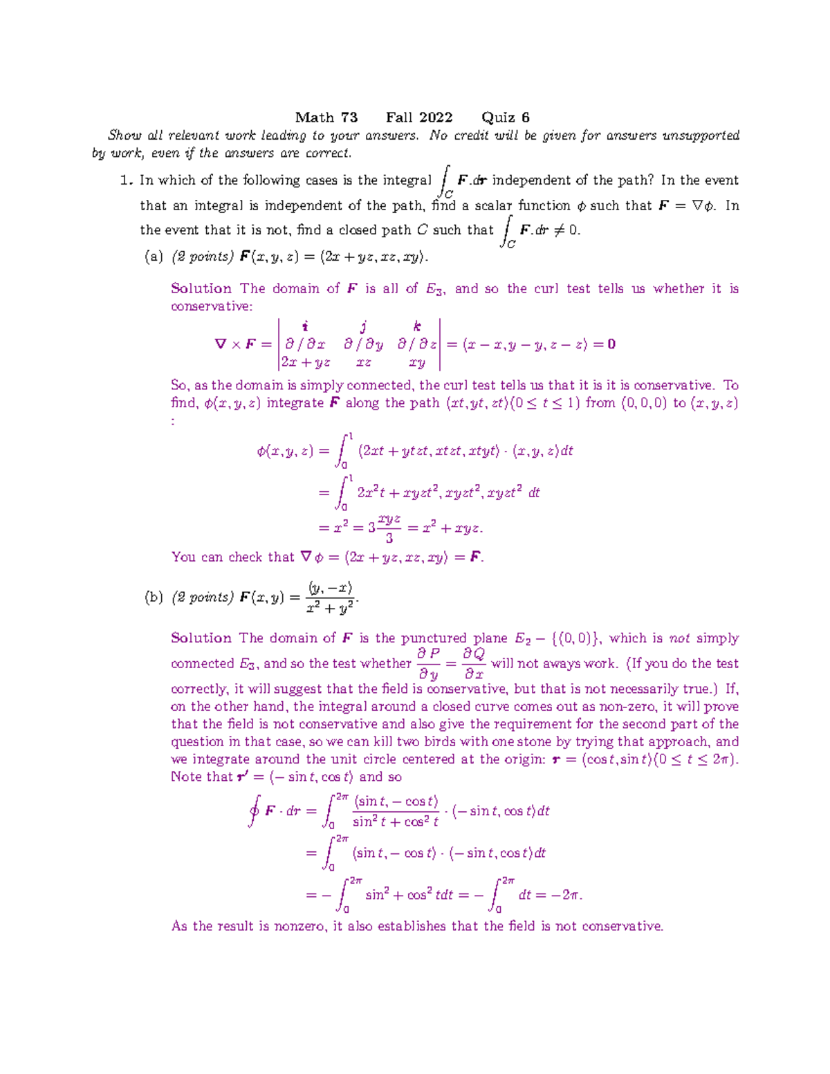 Q6 Solutions - Math 73 Fall 2022 Quiz 6 Show All Relevant Work Leading 