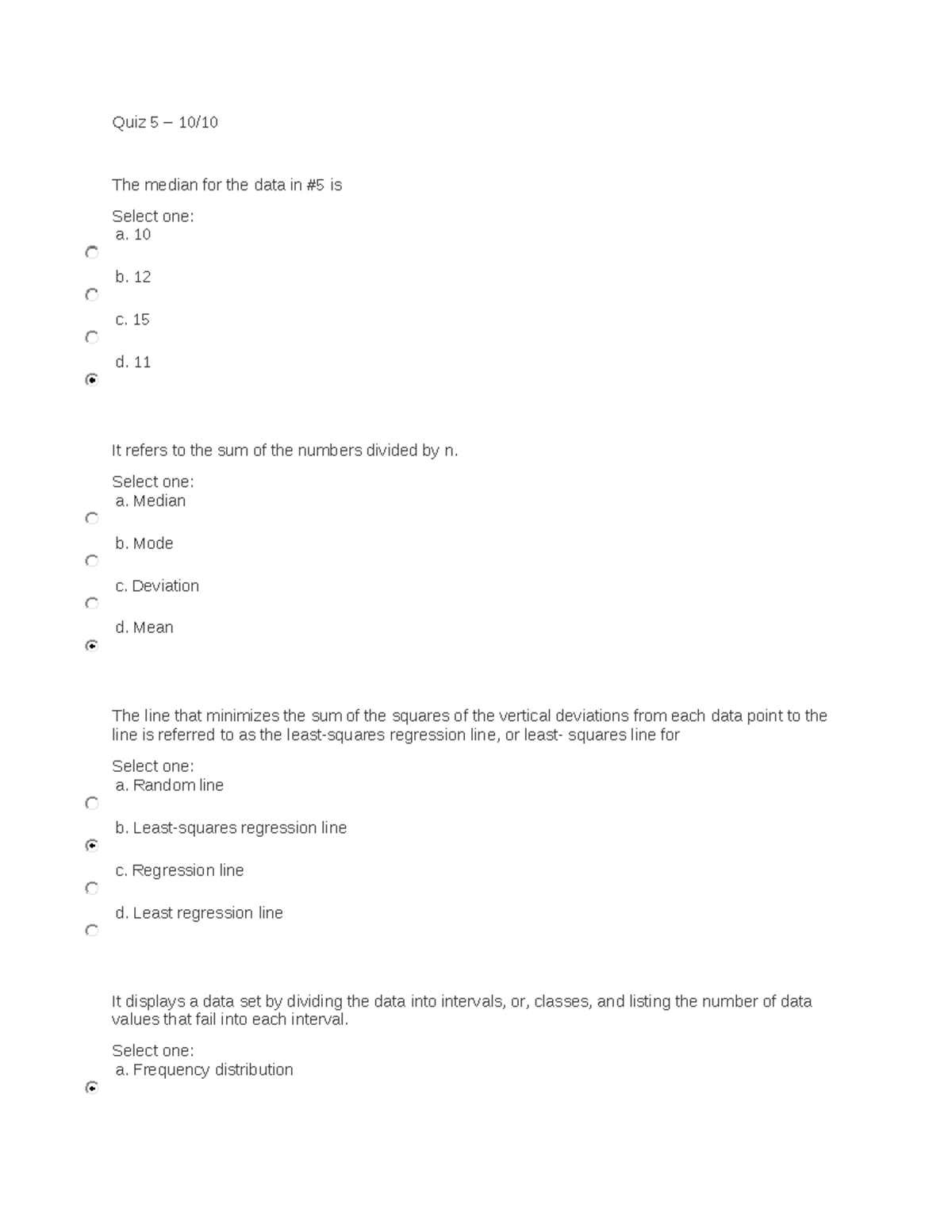 Math in the Modern World Finals - Quiz 5 – 10/ The median for the data ...