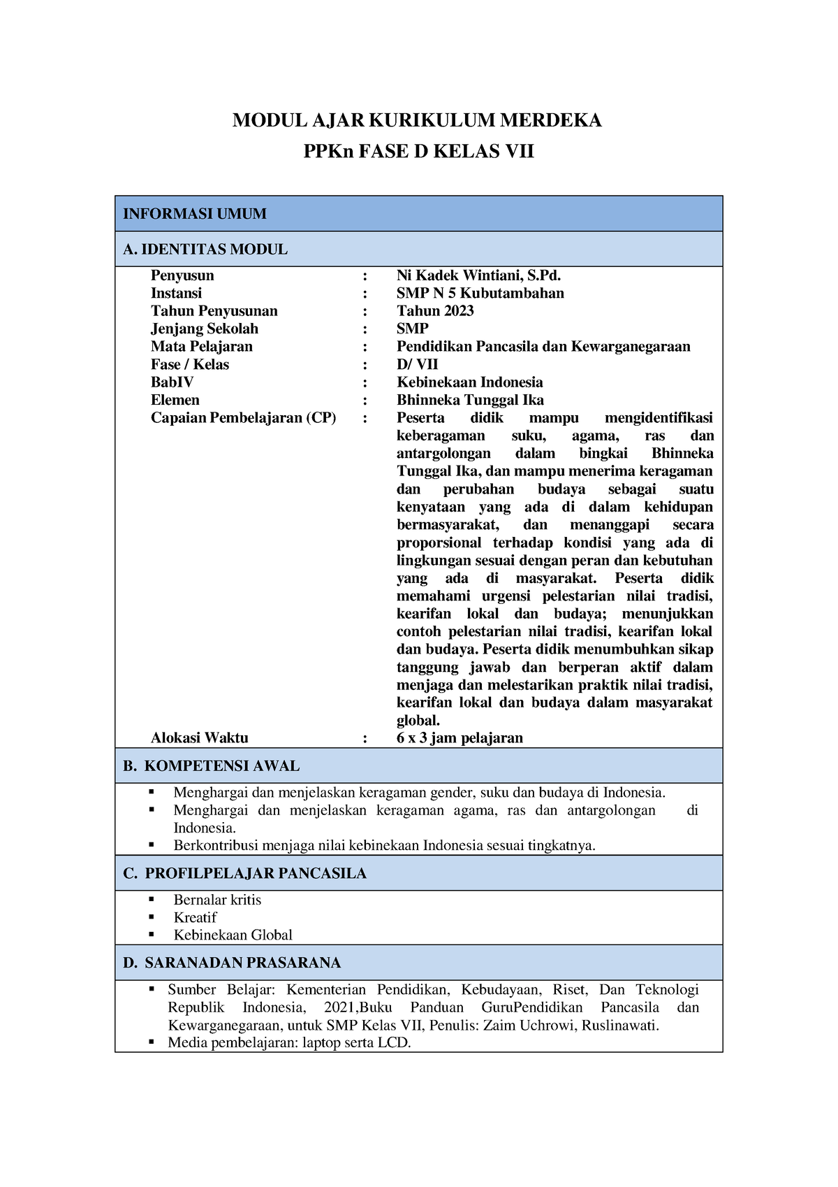 Modul PKN 1 - MODUL AJAR KURIKULUM MERDEKA PPKn FASE D KELAS VII ...