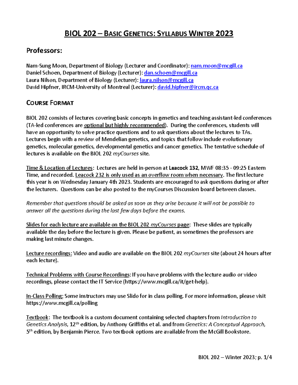 Biology 202 updated Syllabus 2023 - BIOL 202 – BASIC GENETICS: SYLLABUS ...