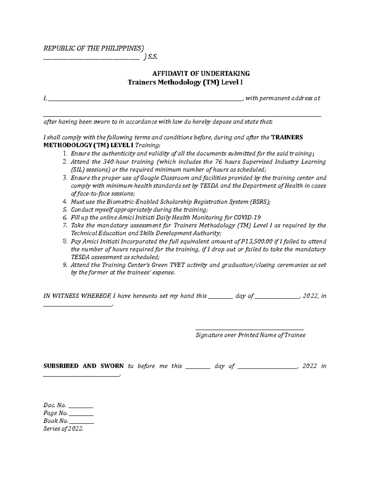 Affidavit OF Undertaking TM1 2022 - Criminal law - Studocu