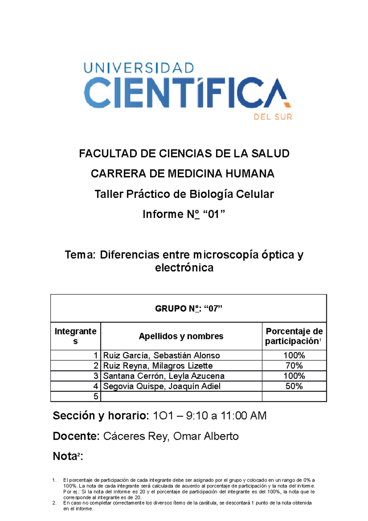 Informe De Taller Práctico N°1 De Biología Celular Facultad De