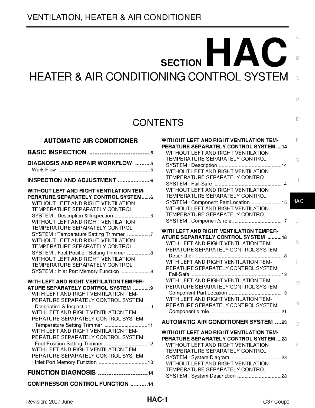 Infiniti G37 Nissan - HAC- VENTILATION, HEATER & AIR CONDITIONER C D E ...