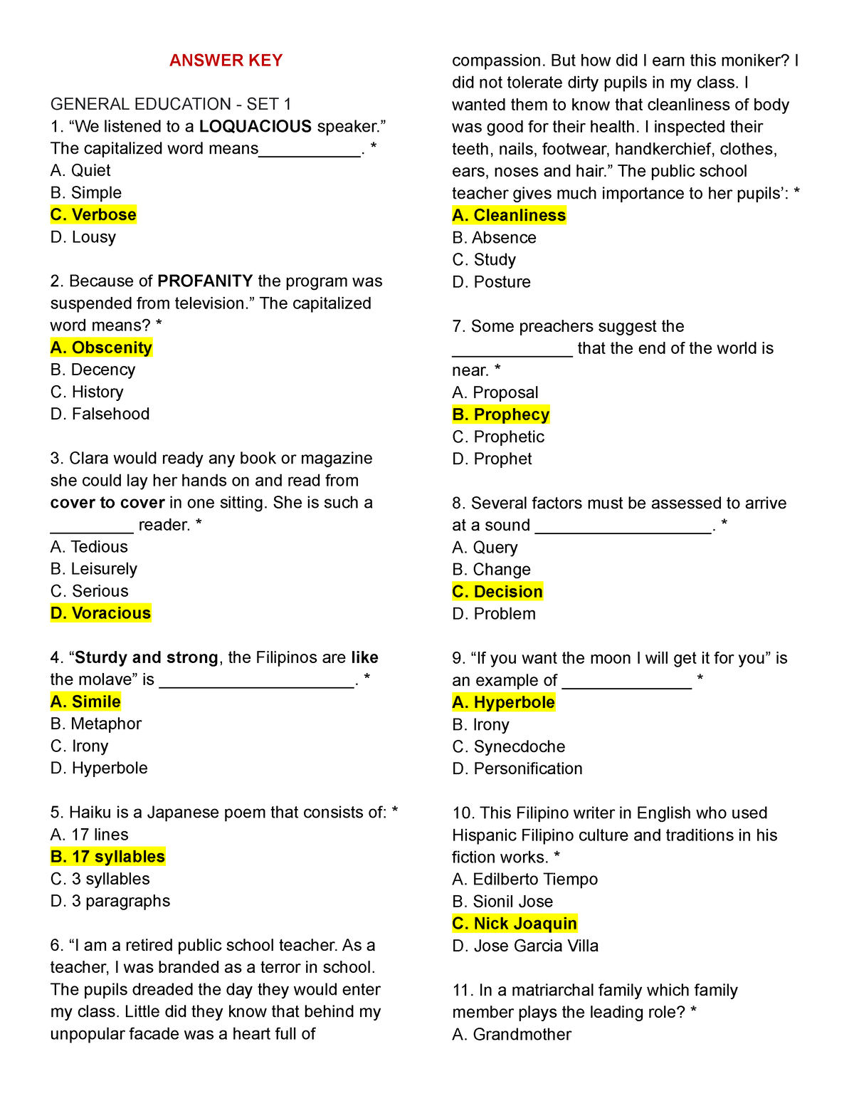 TOP 1 LET GEN ED PROF ED - LET Reviewer. Hope It Can Help! - ANSWER KEY ...