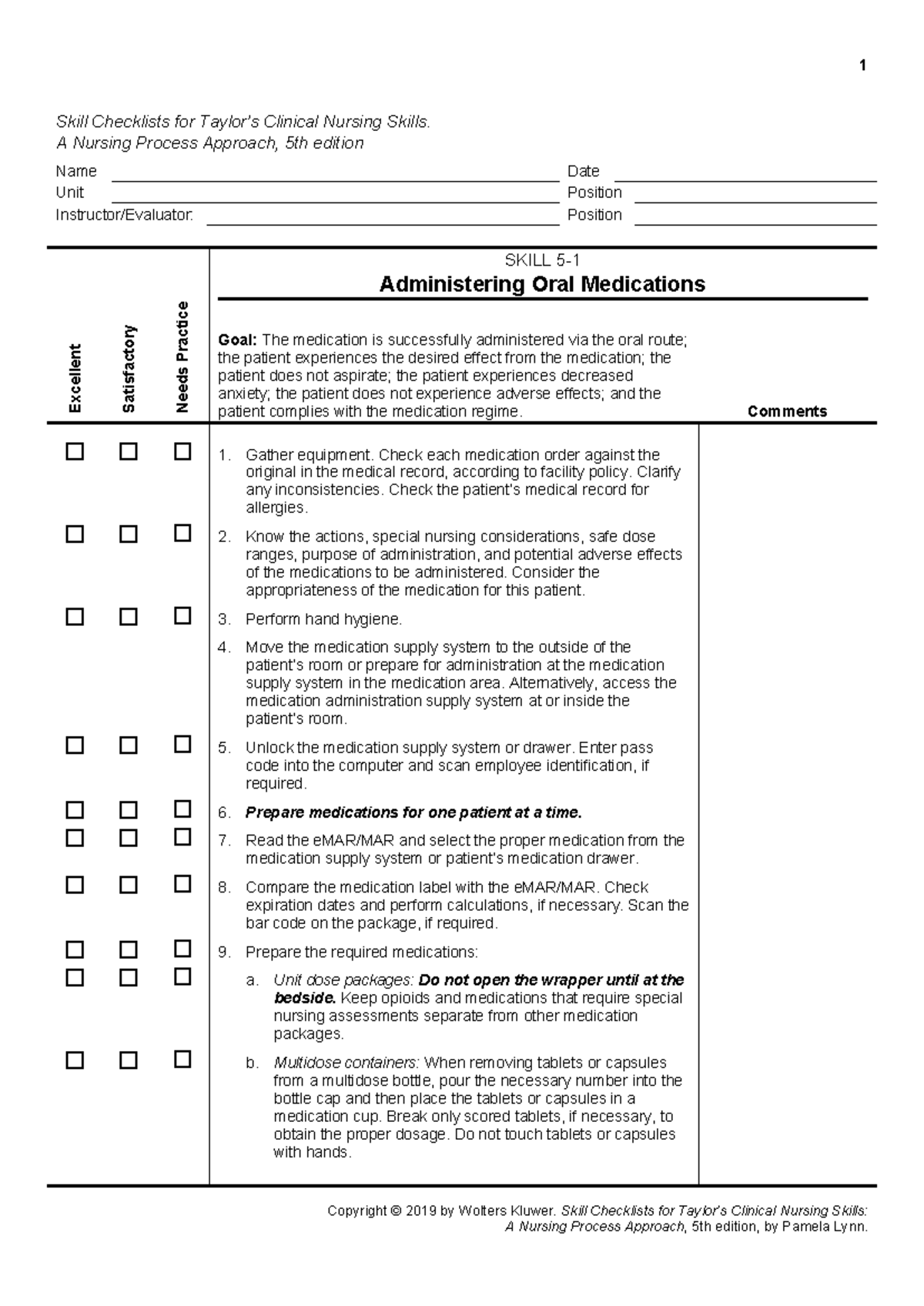 5-1 Administering Oral Medications - Skill Checklists for Taylor’s ...