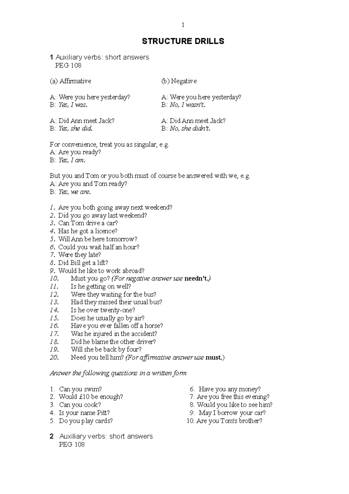 A practical English Grammar structure drills 1 STRUCTURE DRILLS 1