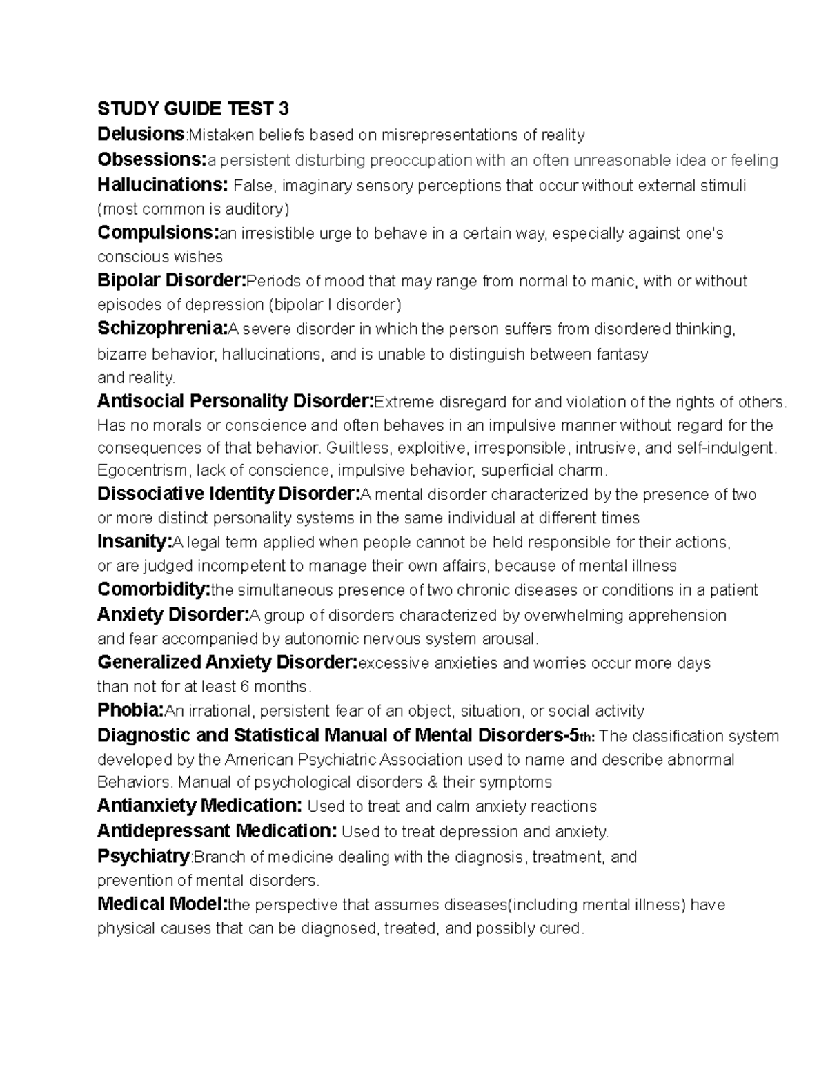 PSYC TEST 3 - Study guide for test 3 - STUDY GUIDE TEST 3 Delusions ...