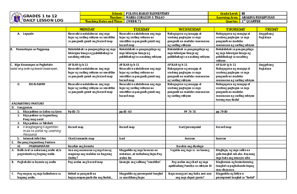 DLL Araling Panlipunan 3 Q1 W7 - GRADES 1 to 12 DAILY LESSON LOG School ...