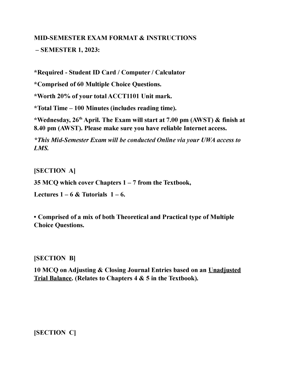 2025 UWA MidSem Mock Exam Format and Instructions MIDSEMESTER EXAM