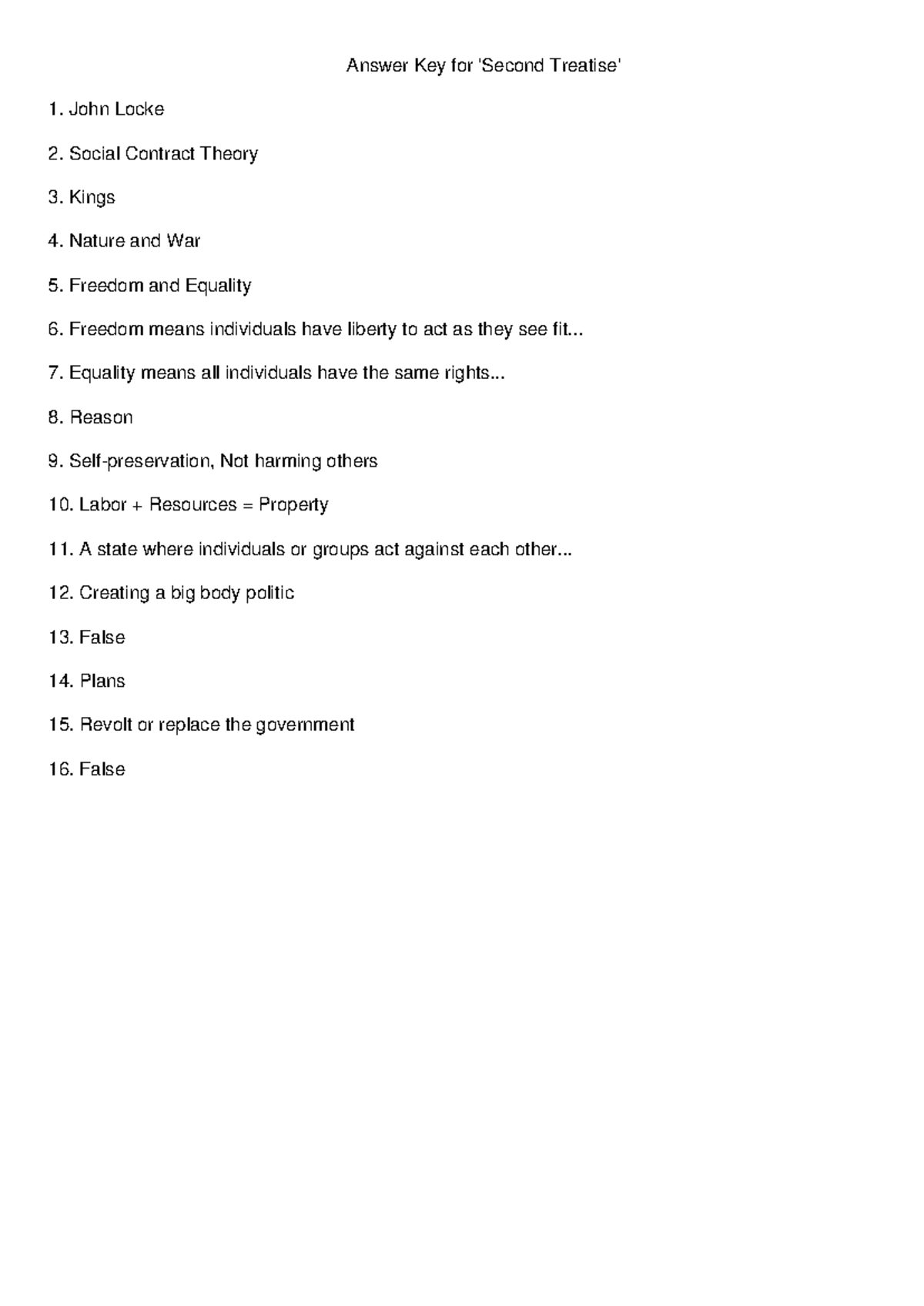 Political Science Answer Key Week 1 - Answer Key for 'Second Treatise ...