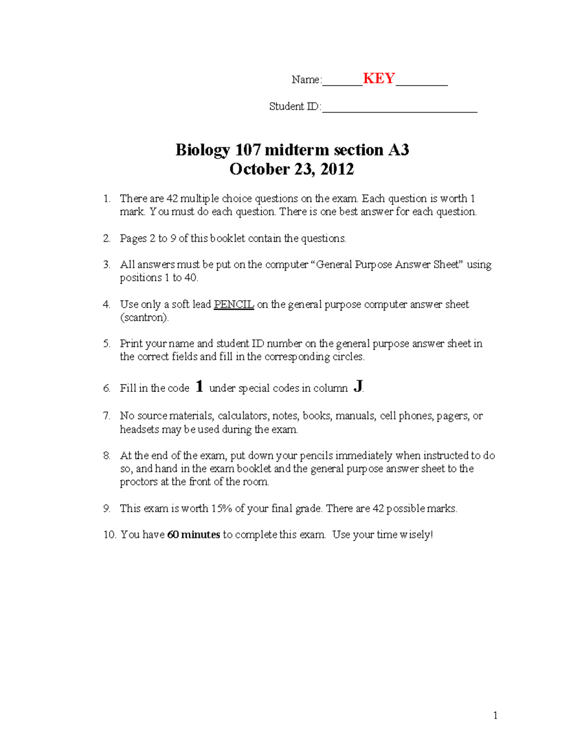 1 8 April 2012, questions and answers - Student Biology 107 midterm ...