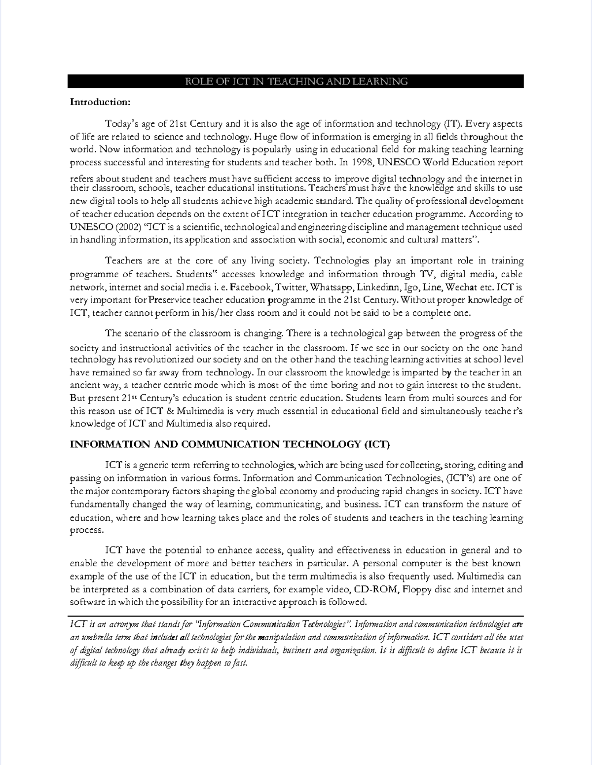 Role of ICT in Teaching and Learning - ROLE OF ICT INROLE OF ICT IN ...