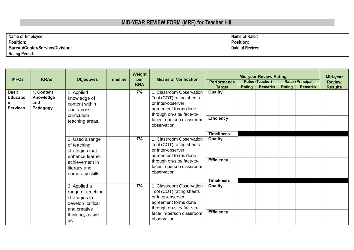 MRF - Sample - MID-YEAR REVIEW FORM (MRF) for Teacher I-III Name of ...