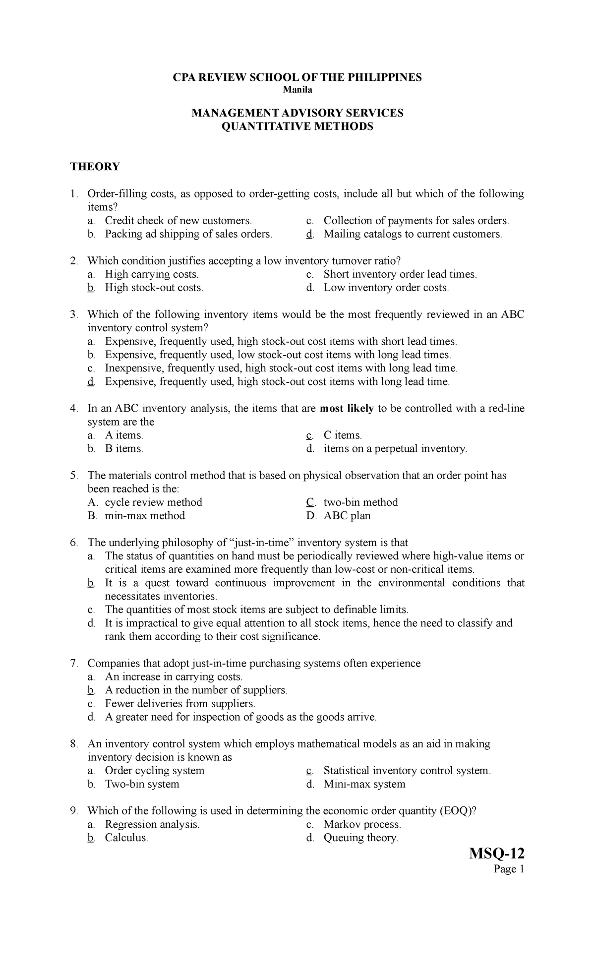 Quantitative-methods test banks - CPA REVIEW SCHOOL OF THE PHILIPPINES ...