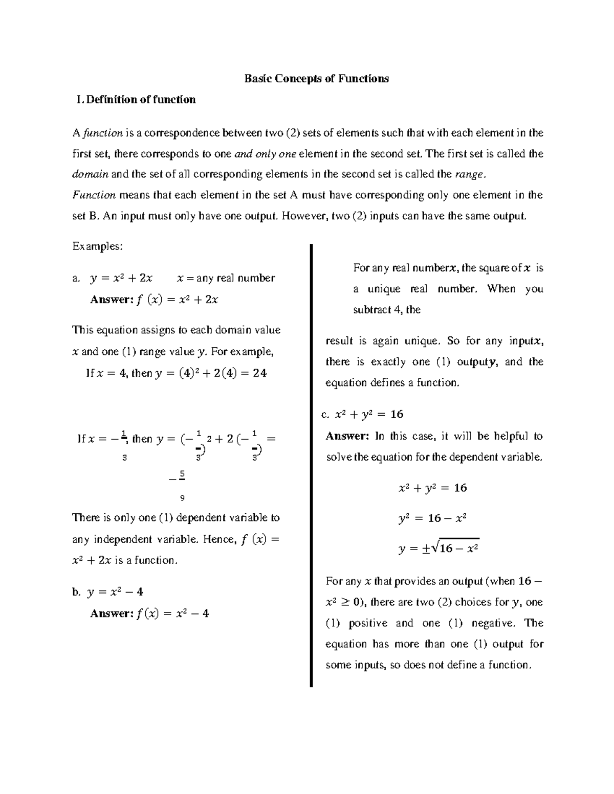 Basic Concepts of Functions - Definition of function A function is a ...