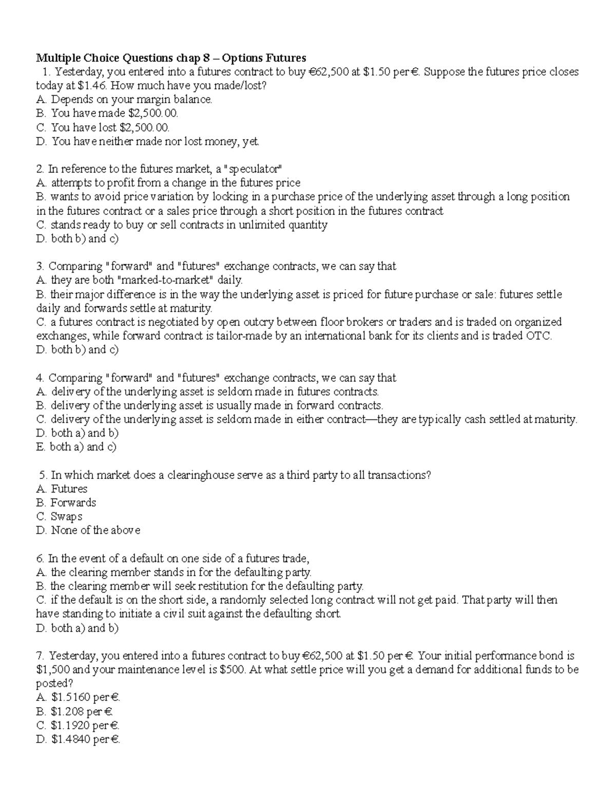 MCQ chap 8 Futures and Options - Multiple Choice Questions chap 8 ...