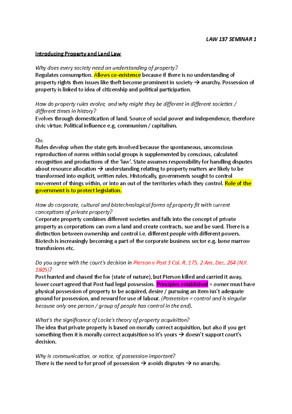 LAW 137 Seminar 1 LAW 137 SEMINAR 1 Introducing Property and Land Law