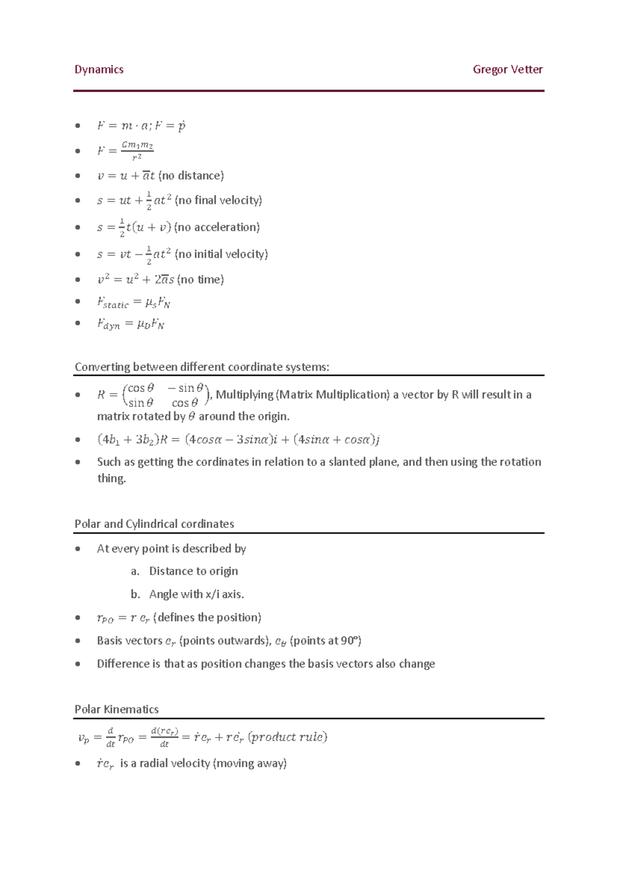 ES190 - Dynamics - All equations needed for exam - Dynamics Gregor ...