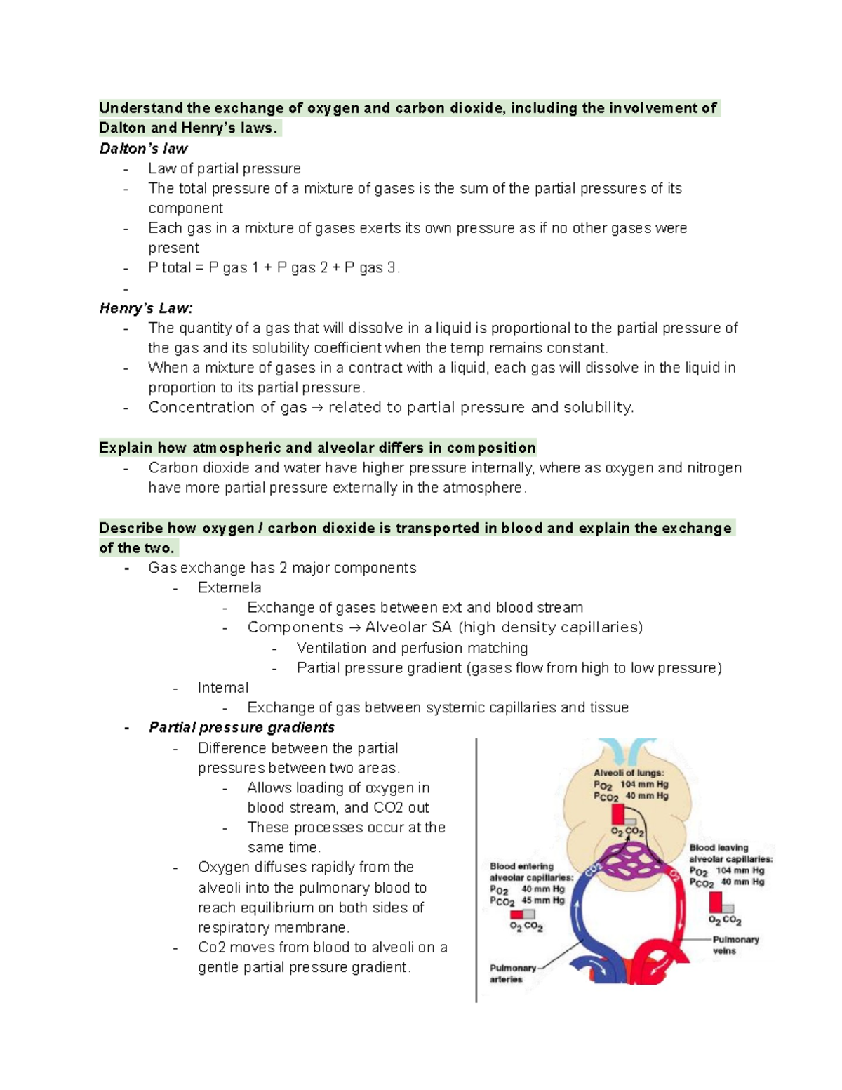 Week 9 - respiratory physiology - Understand the exchange of oxygen and ...