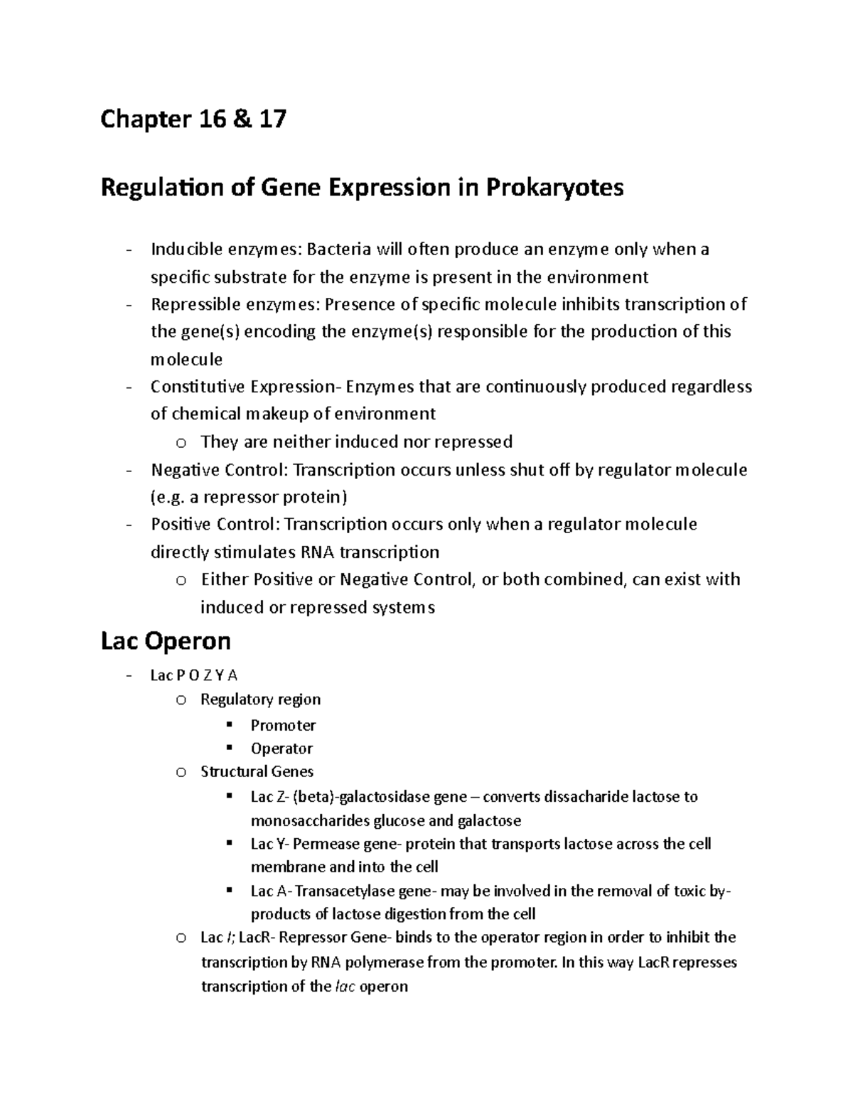 Chapter 16 - Lecture Notes 16 - Chapter 16 &amp; 17 Regulation Of Gene ...