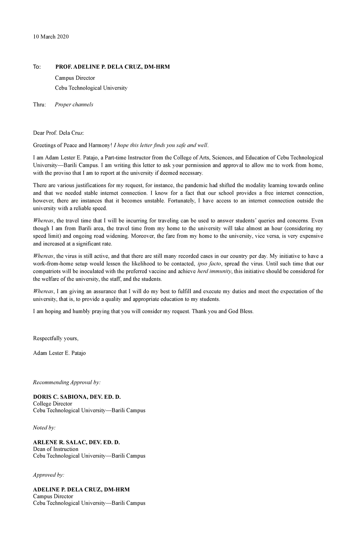 Request Letter WFH SEM 2 - 10 March 2020 To: PROF. ADELINE P. DELA CRUZ ...