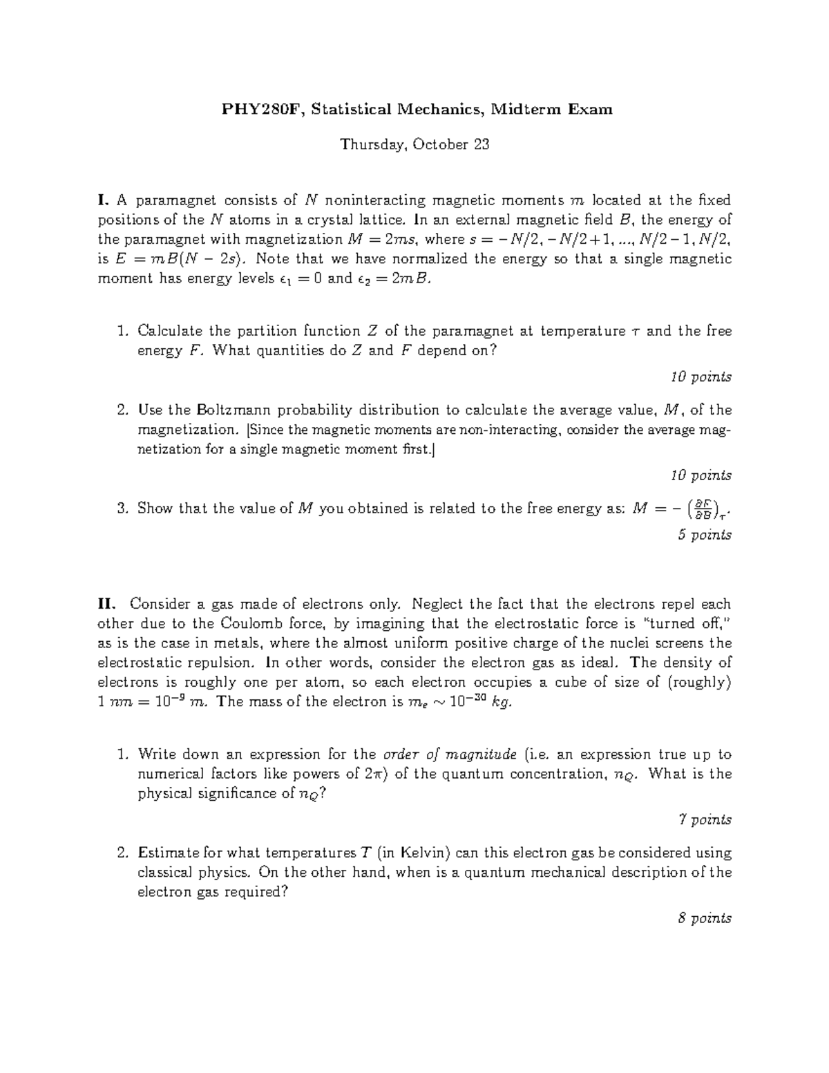PHY190 2006 ts 1256879401 - PHY280F, Statistical Mechanics, Midterm ...