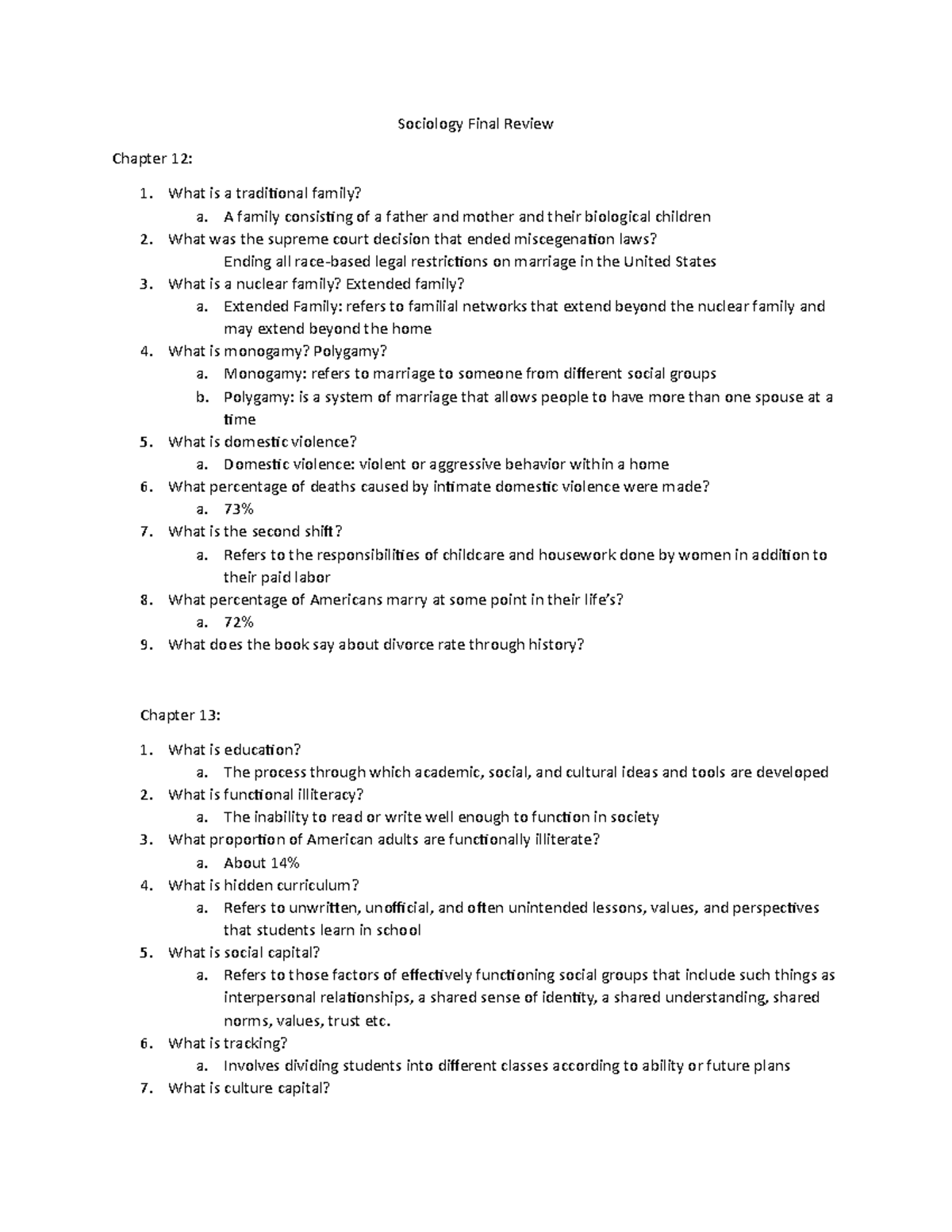Sociology Final Review - Sociology Final Review Chapter 12: What is a ...