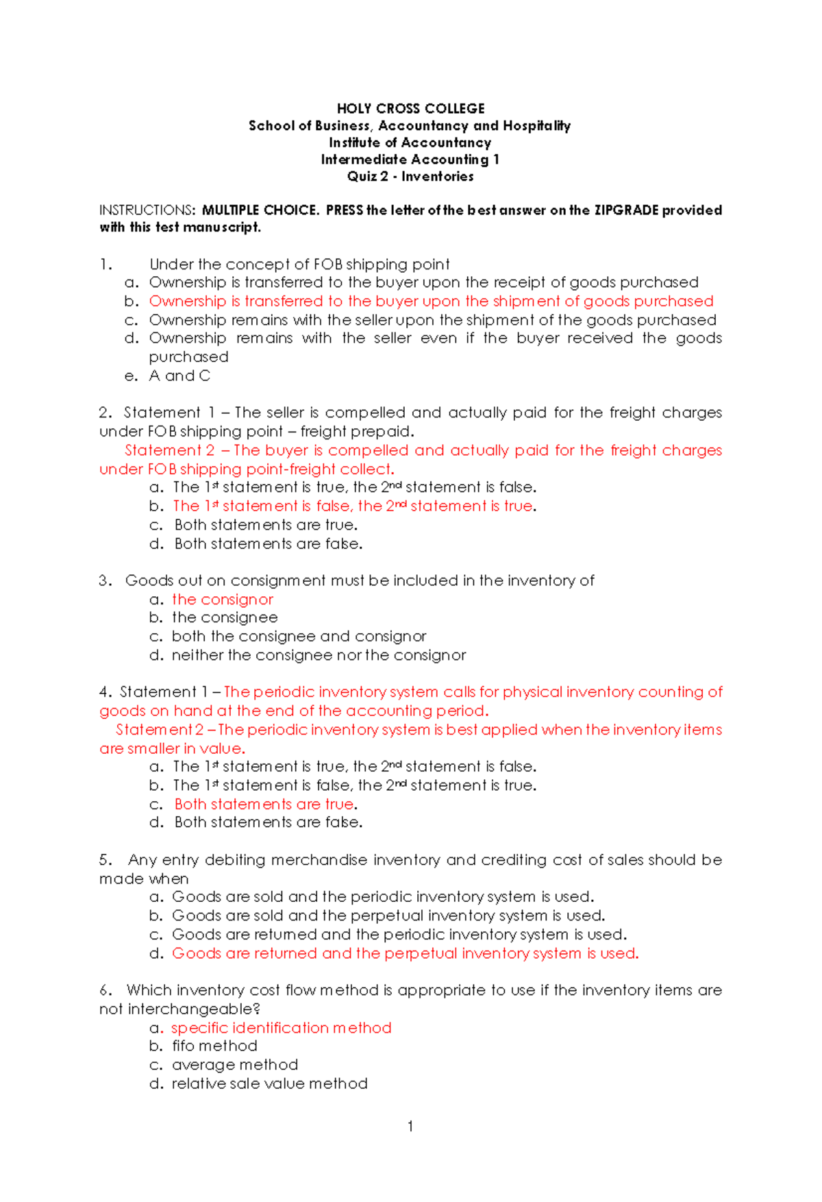 Intermediate Accounting 1 - Inventories Quizzes With Solution - BS ...