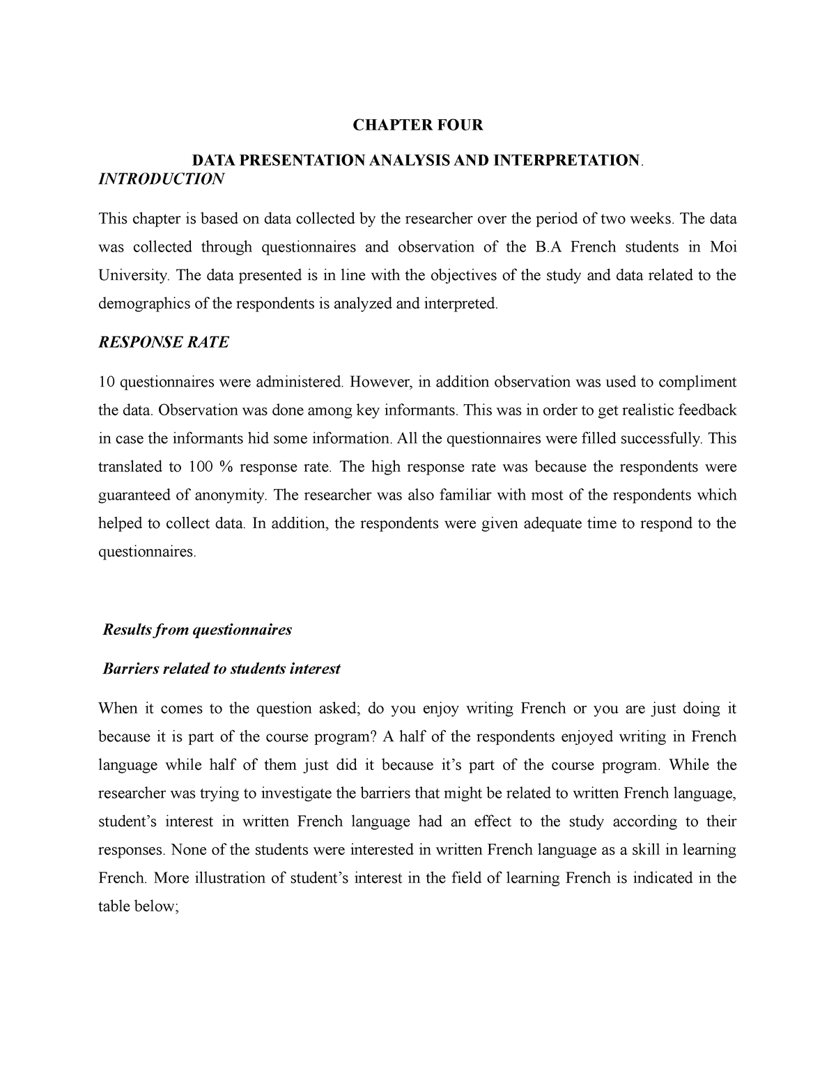 chapter four data presentation analysis and interpretation