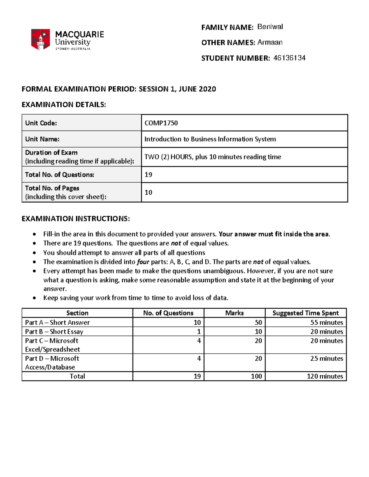 COMP1750 Final Exam 46136134 FAMILY NAME OTHER NAMES STUDENT NUMBER