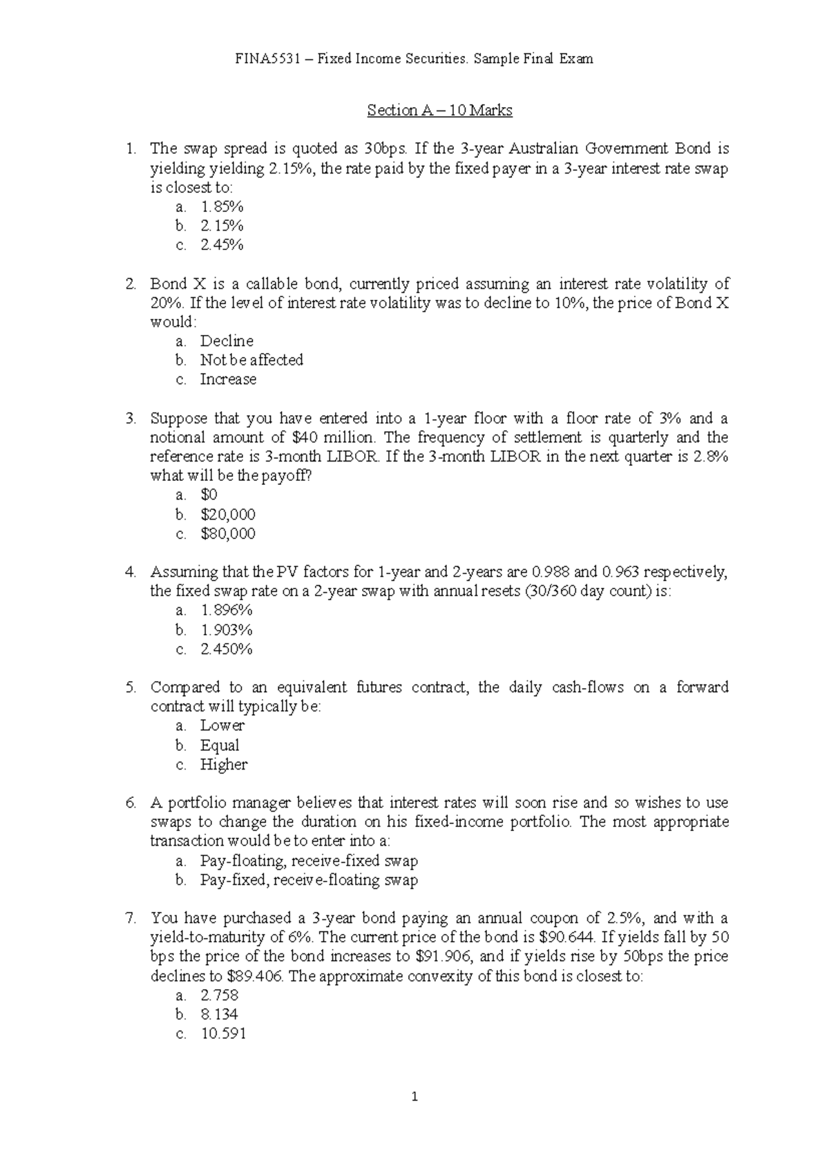 Sample Final - FINA5531 – Fixed Income Securities. Sample Final Exam ...