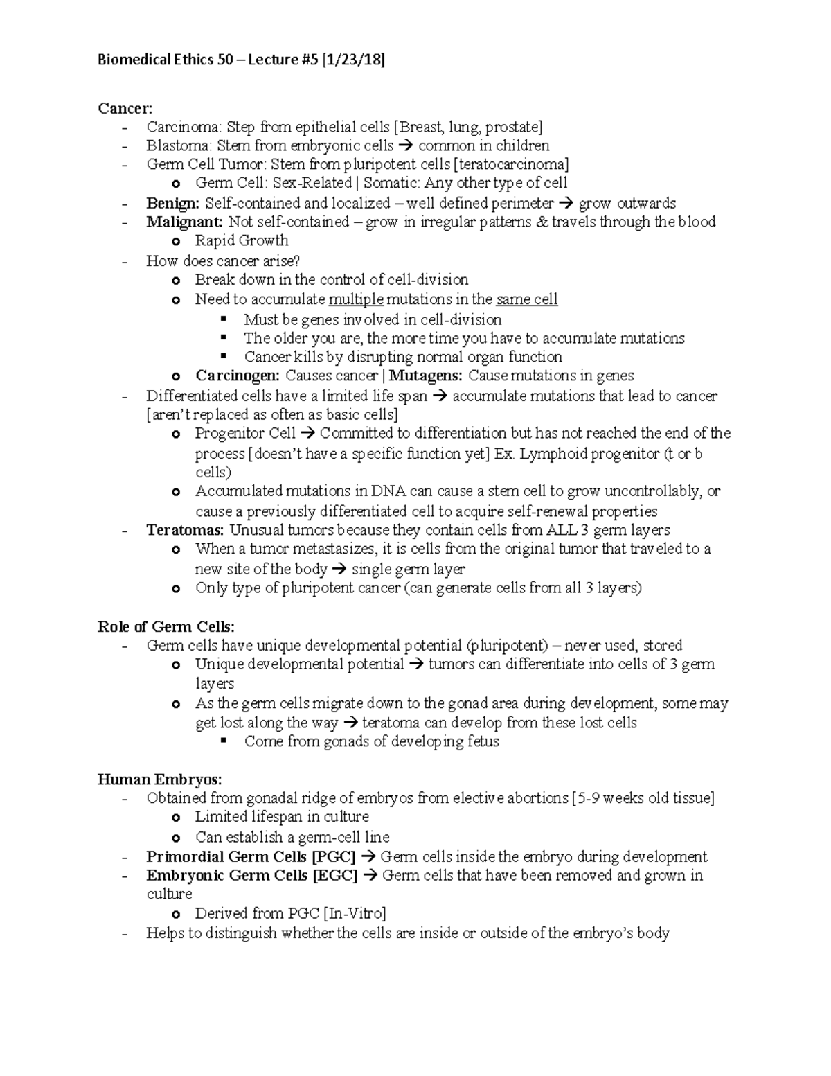 Lecture 5 Notes - Cancer: - Carcinoma: Step from epithelial cells ...