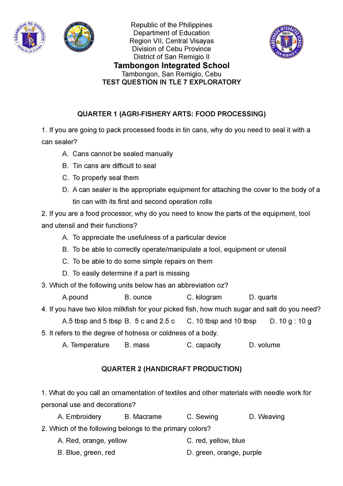 Grade 7 TLE Exploratory Test Questions - Republic Of The Philippines ...