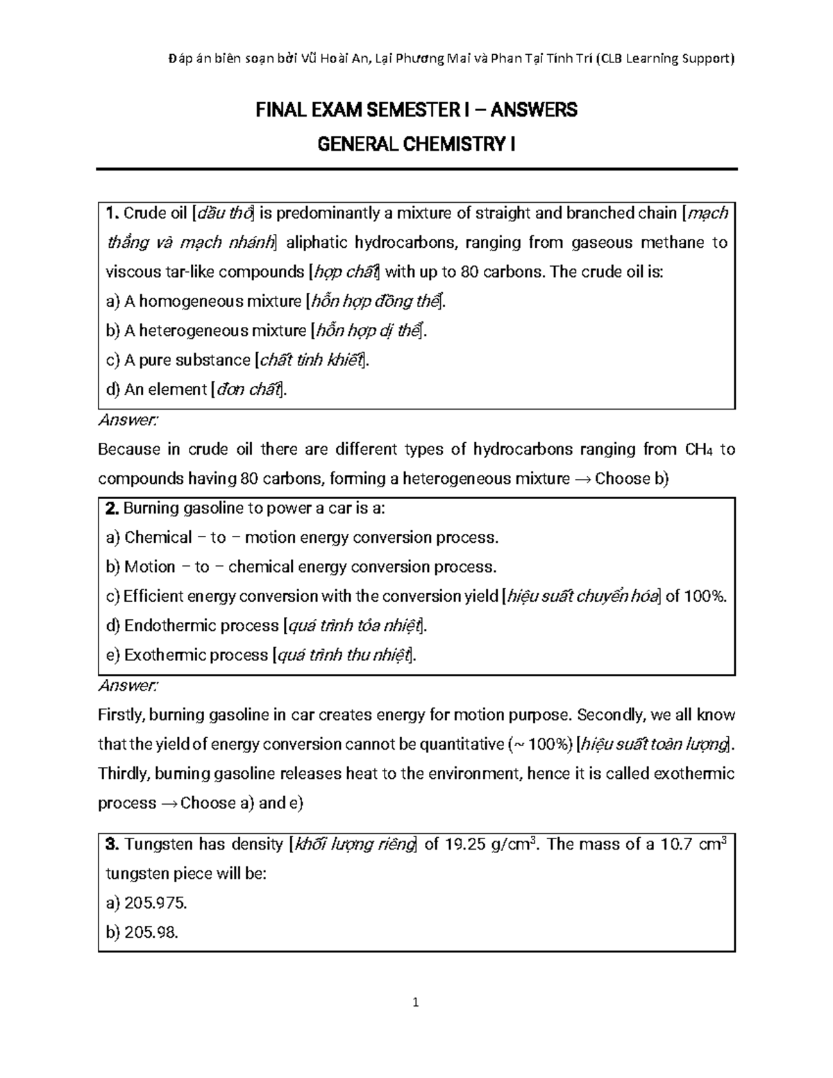 Gen Chem I Final Exam Key - FINAL EXAM SEMESTER I – ANSWERS GENERAL ...