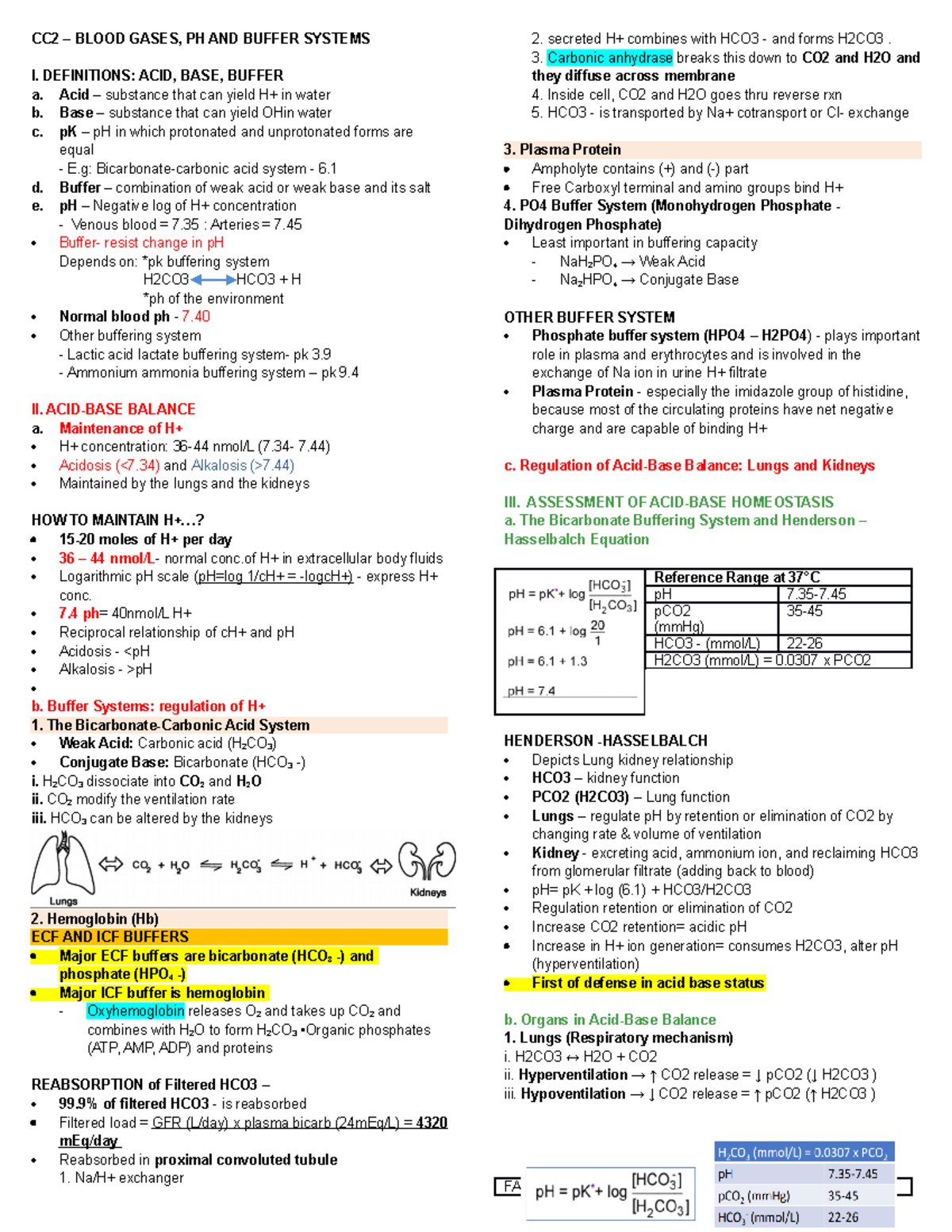 CC2-Week-7 - Lecture notes 5 - CC2 – BLOOD GASES, PH AND BUFFER SYSTEMS ...