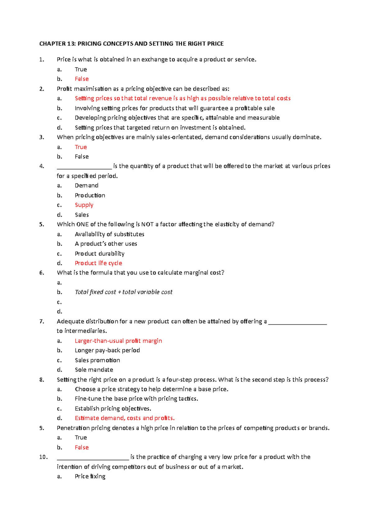 Marketing Chapter 13 Questions and Answers CHAPTER 13 PRICING