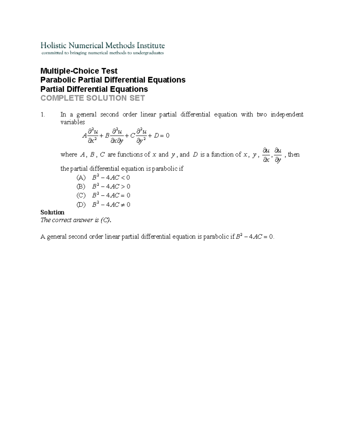 Quiz 10pde parabolic solutions - Multiple-Choice Test Parabolic Partial ...