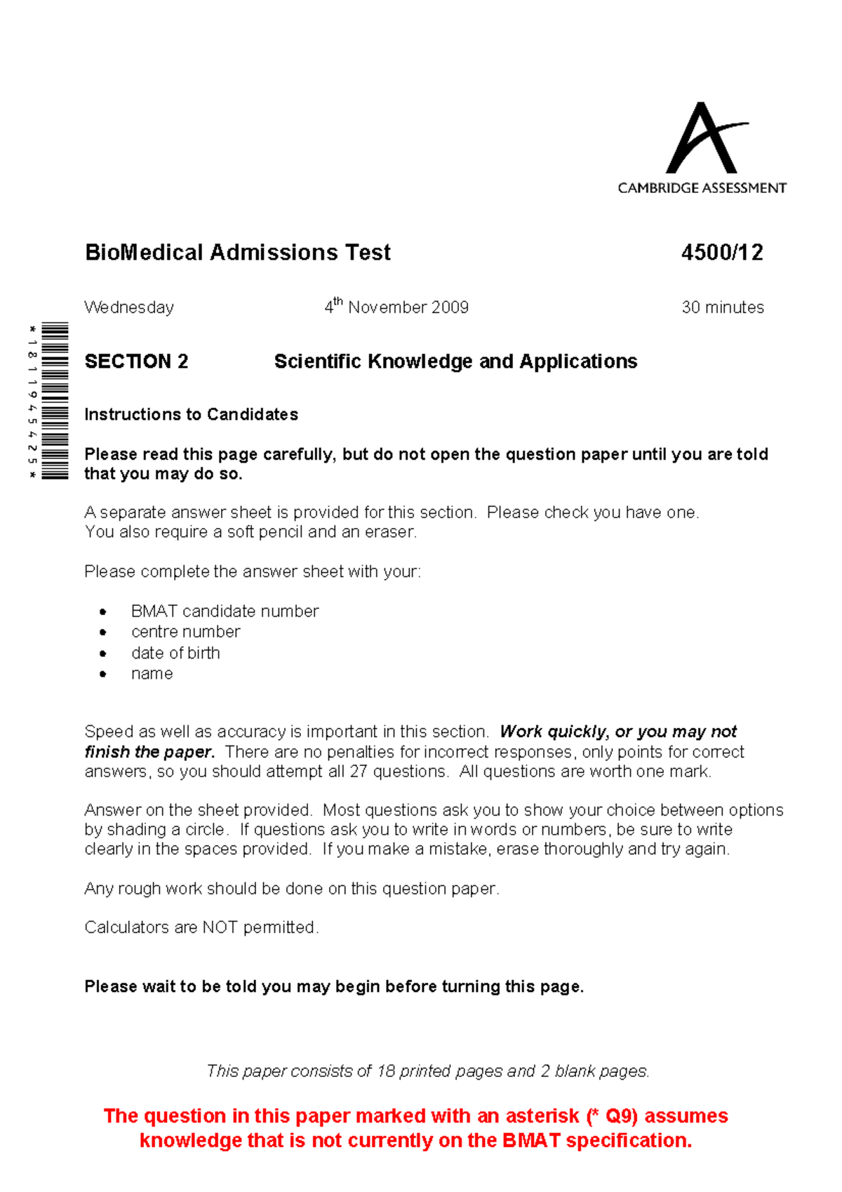 BMAT 2009 Section 2 Questions Become ADoctor - 1811945425 BioMedical ...