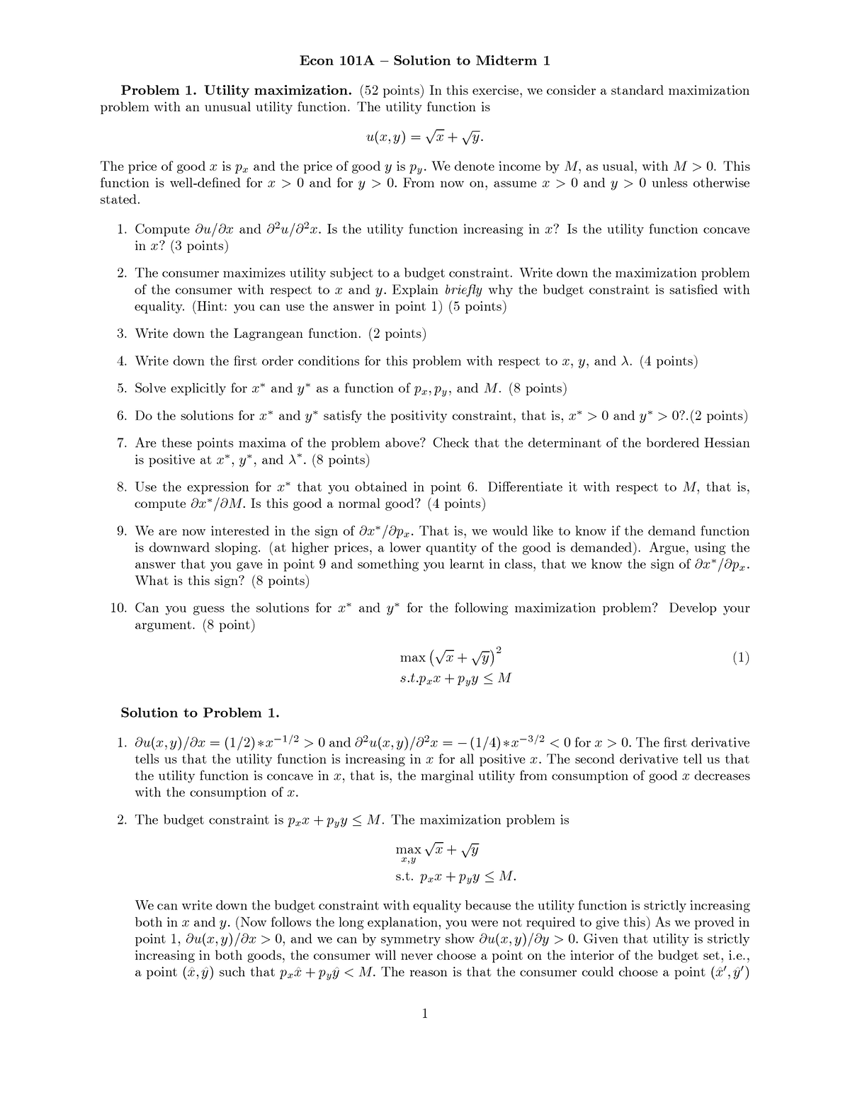 Exam1solutions - Abd - Econ 101A ó Solution To Midterm 1 Problem 1 ...