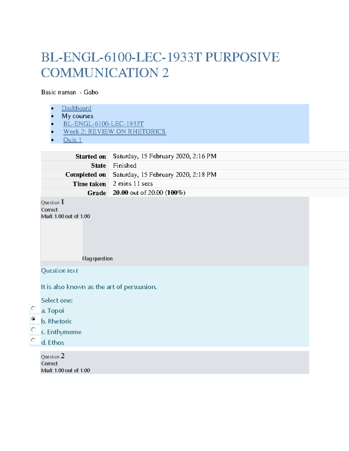 Quiz 1 - Purposive - BL-ENGL-6100-LEC-1933T PURPOSIVE COMMUNICATION 2 ...