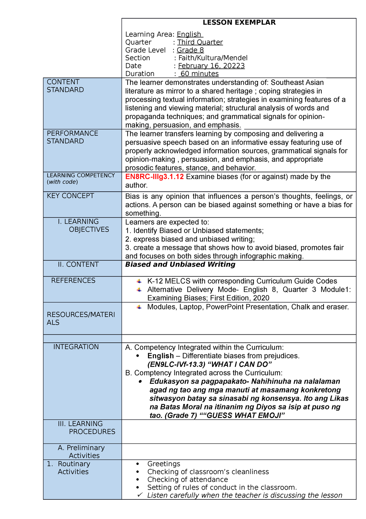 DLP Q3 M1 Week 1thursday - LESSON EXEMPLAR Learning Area: English ...