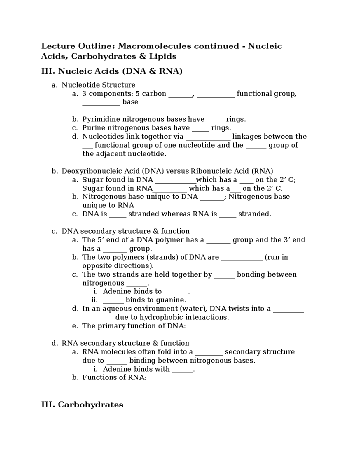 Nucleic Acids-carbohydrates Lipis Outline - Lecture Outline 