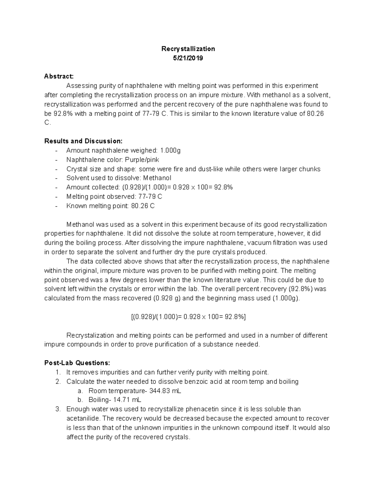 Organic Chemistry Lab Report 3 - Recrystallization 5/21/ Abstract ...